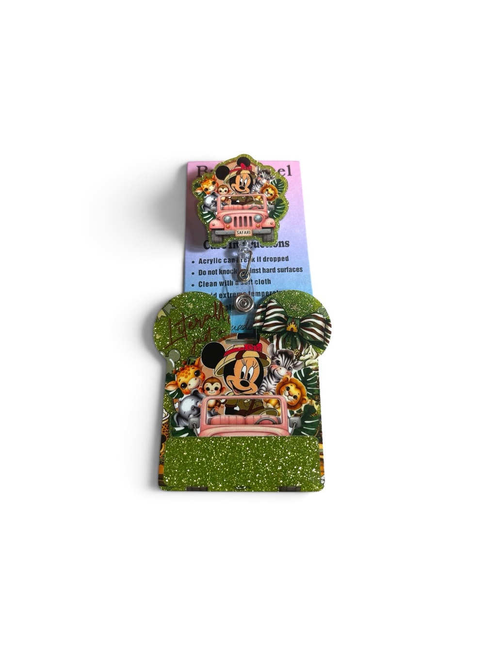 Minnie Mouse Safari Badge Reel with Green Glitter